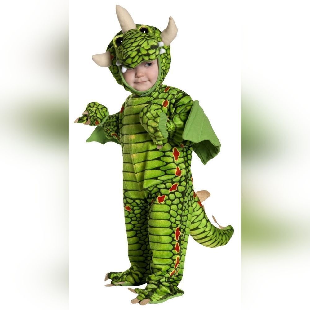 Underwraps. Kids Green Dragon Costume with Horns. Size 18-24 Months. EUC